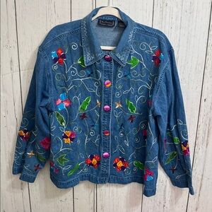 Vintage Blue Jean Jacket with Colorful Embroidery